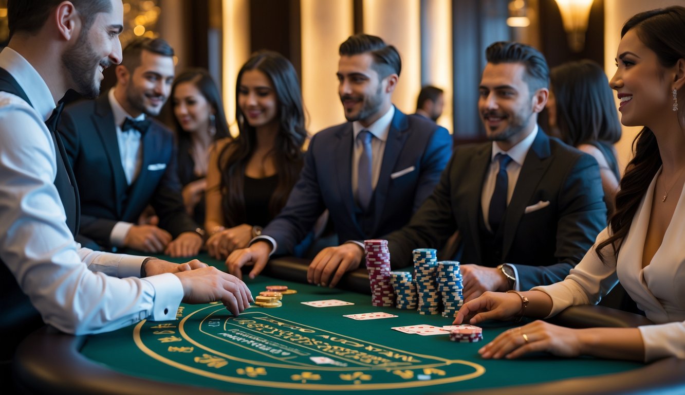 Meja blackjack Eropa di kasino mewah dengan pemain yang berkonsentrasi bermain kartu dan tumpukan chip di atas meja.