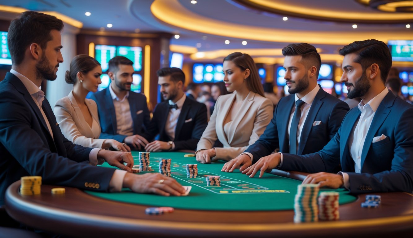 Meja blackjack dengan pemain yang fokus bermain di kasino mewah.