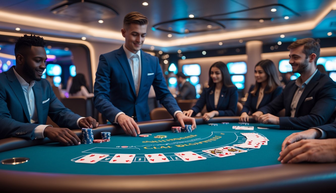 Meja blackjack Eropa dengan dealer dan pemain yang sedang bermain di kasino modern.