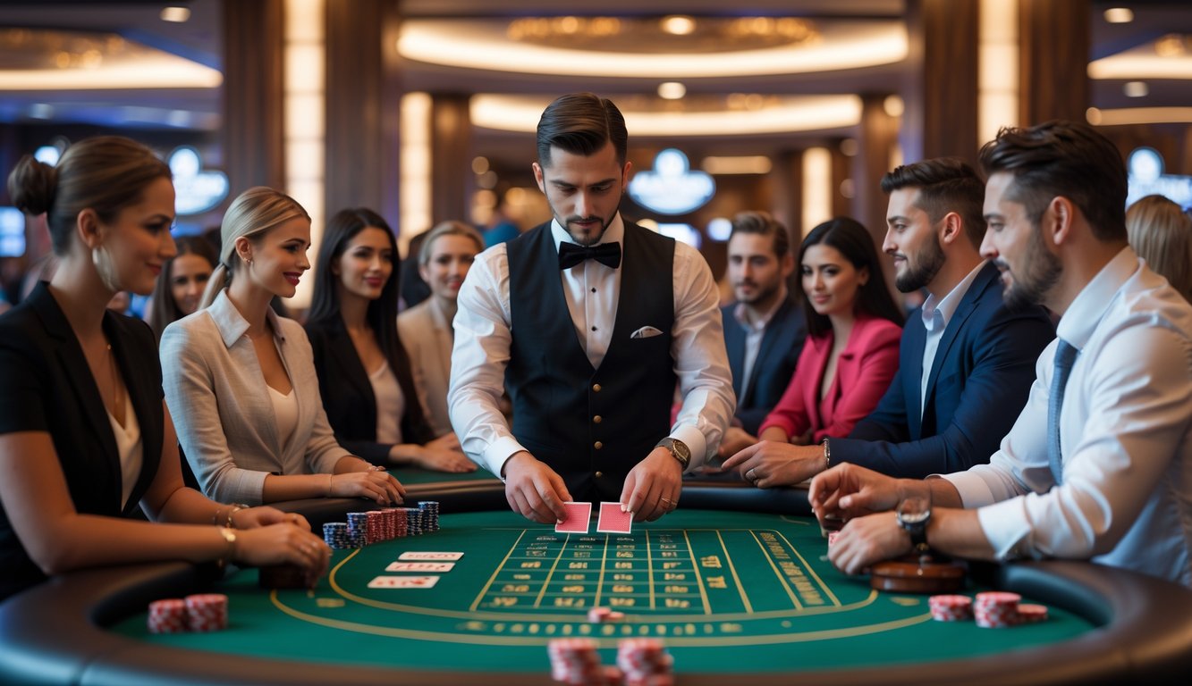 Seorang dealer dan beberapa pemain duduk di meja blackjack di kasino yang mewah dan terang.