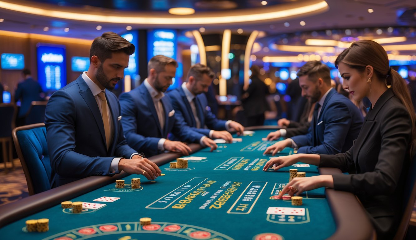 Suasana meja blackjack di kasino modern dengan beberapa pemain sedang bermain kartu.