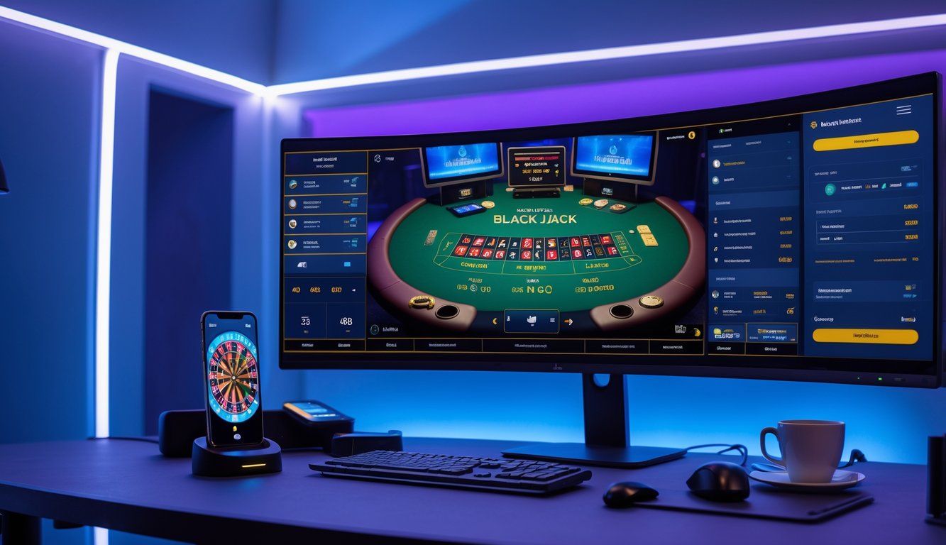 Seorang pemain sedang bermain blackjack online di depan monitor besar dengan latar ruang bermain modern dan pencahayaan ambient biru dan ungu.