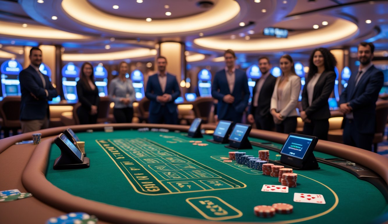 Meja blackjack dengan pemain dan dealer di kasino modern yang aman dan terpercaya.