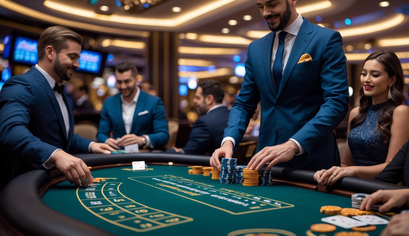 Suasana meja blackjack Eropa dengan dealer dan pemain di kasino modern.