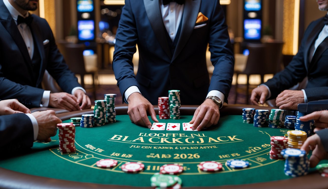 Seorang dealer dan pemain sedang bermain Blackjack di meja kasino dengan tumpukan chip dan kartu.