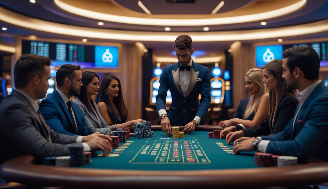 Meja blackjack Eropa dengan dealer dan pemain di kasino modern yang terang dan elegan.