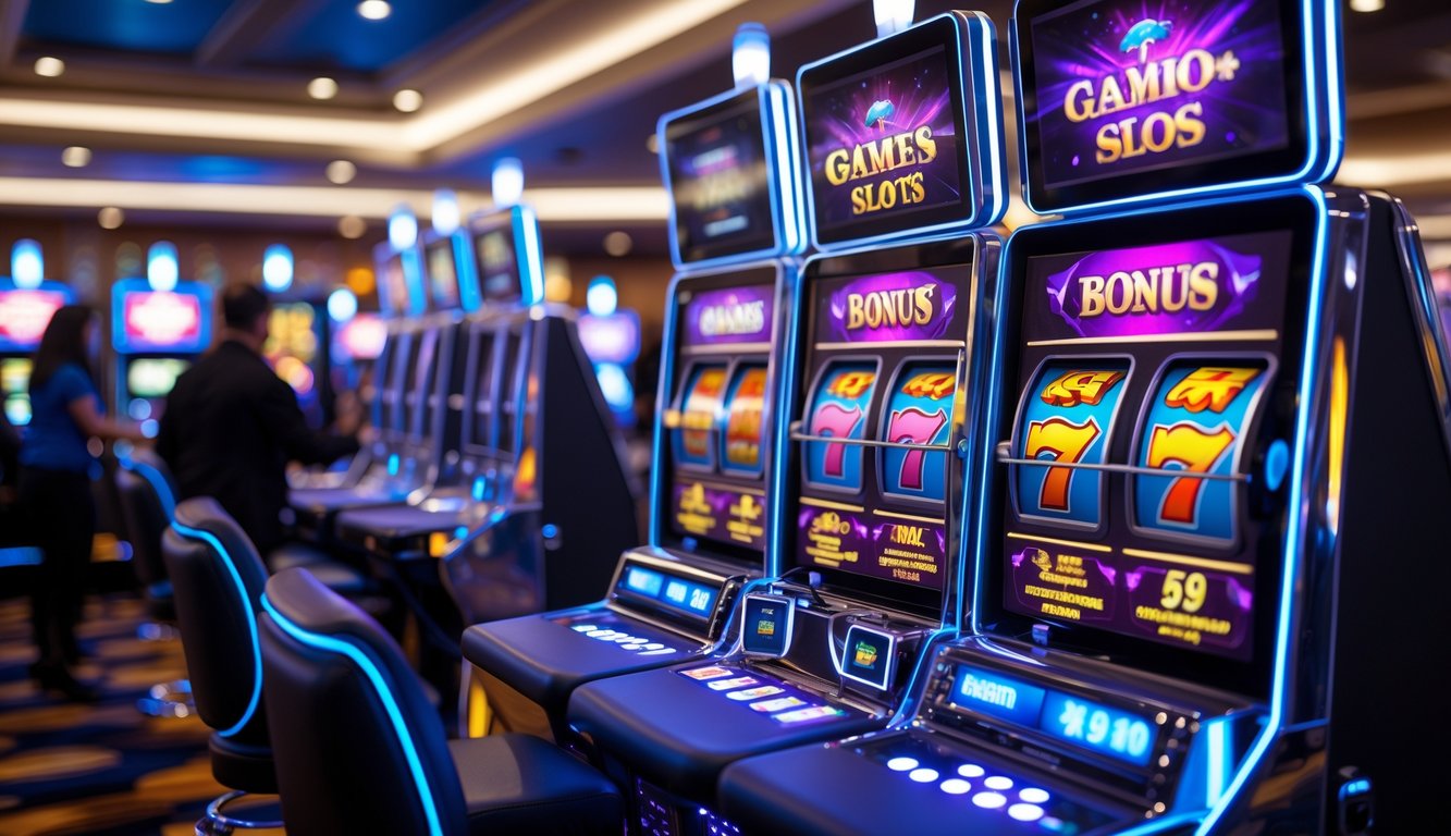 Suasana kasino modern dengan mesin slot canggih dan pemain yang sedang bermain di sekitarnya.