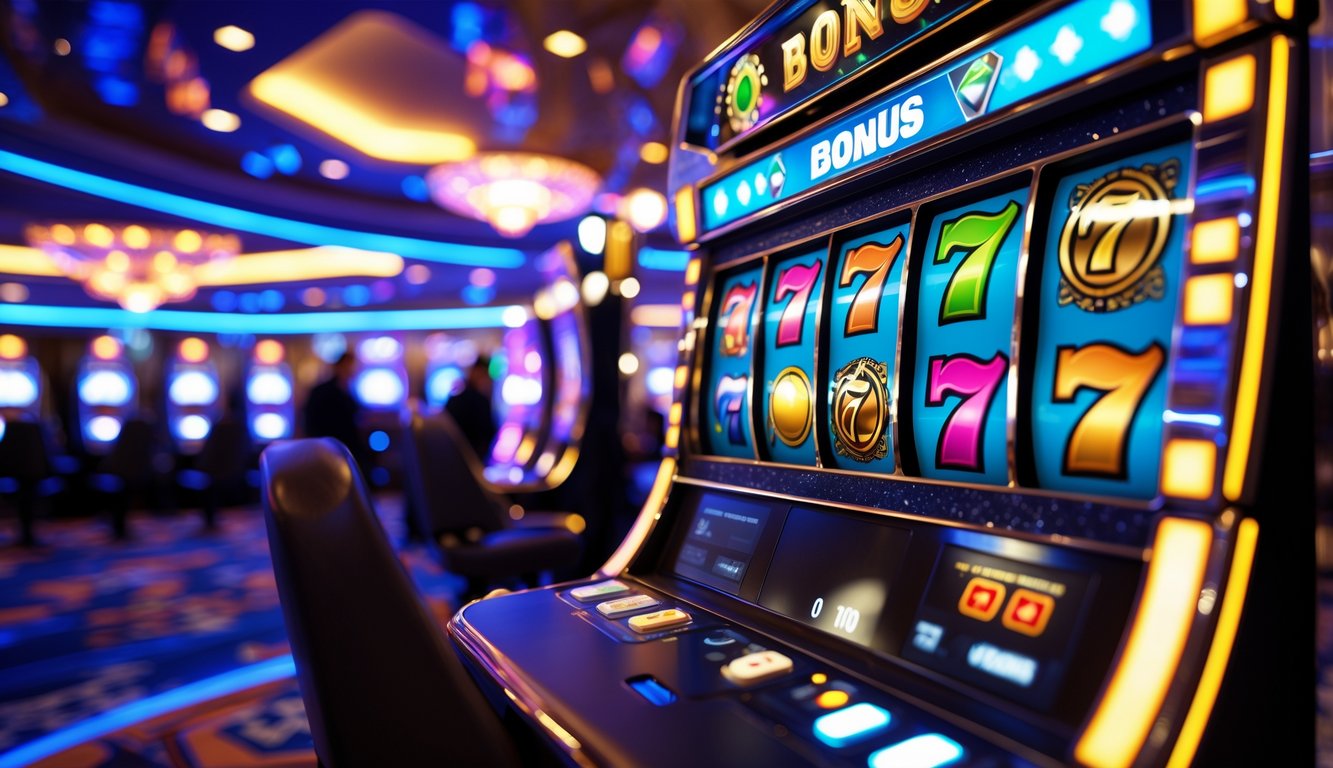 Suasana mesin slot modern dengan tampilan warna-warni di dalam kasino mewah.