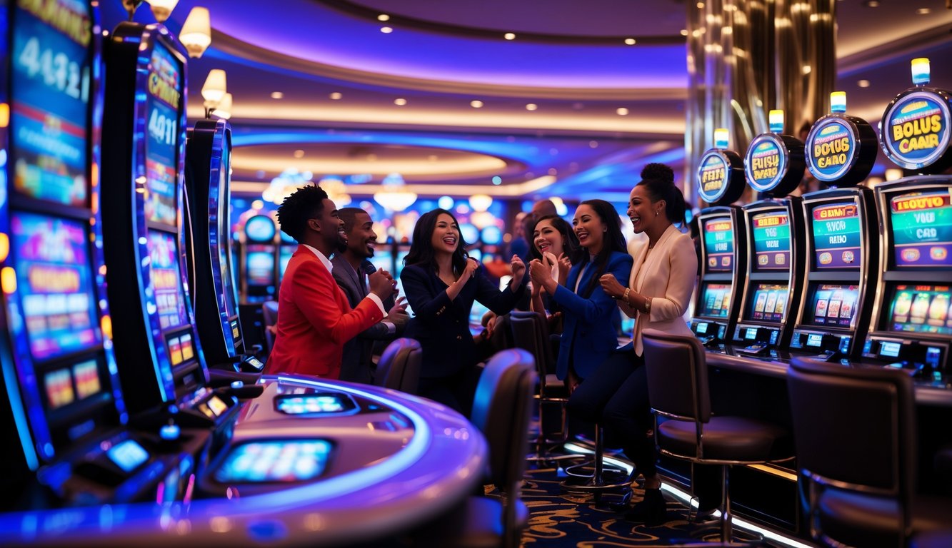 Suasana kasino modern dengan mesin slot berwarna-warni dan orang-orang yang menikmati permainan dan merayakan kemenangan.