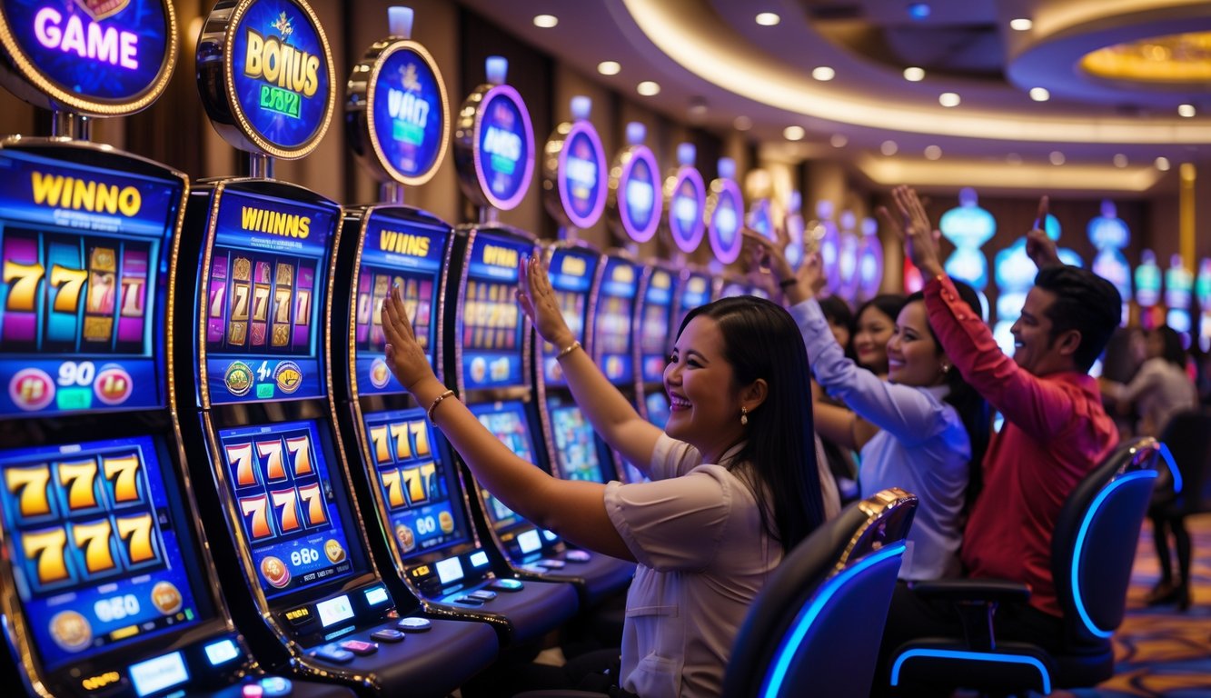 Orang-orang sedang bermain mesin slot di kasino modern dengan suasana ceria dan dekorasi yang terinspirasi budaya Indonesia.