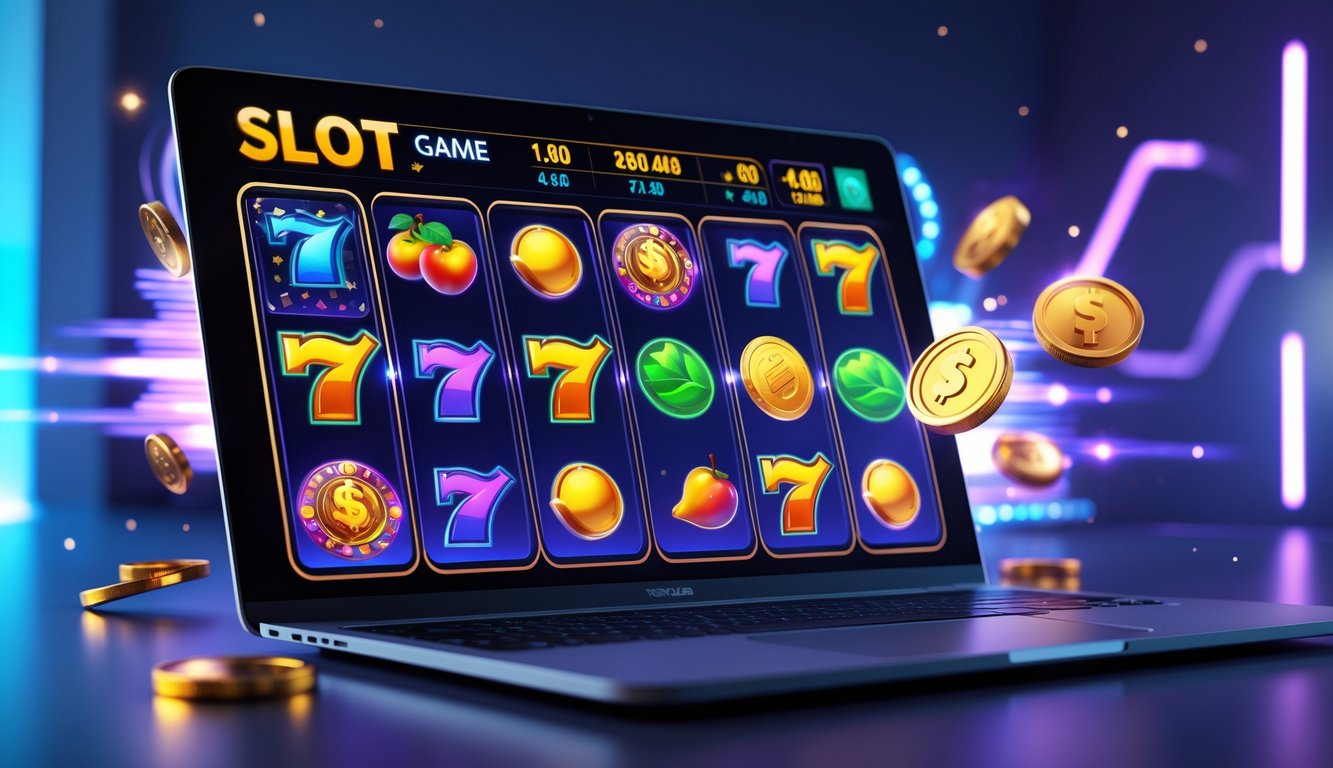 Seorang pemain menggunakan komputer dengan layar menampilkan permainan slot online yang penuh warna dan simbol keberuntungan.