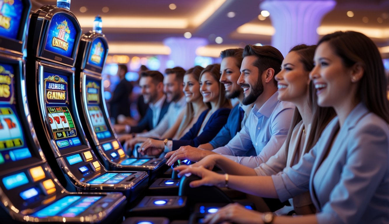 Orang-orang bermain mesin slot di kasino modern dengan suasana ceria dan profesional.