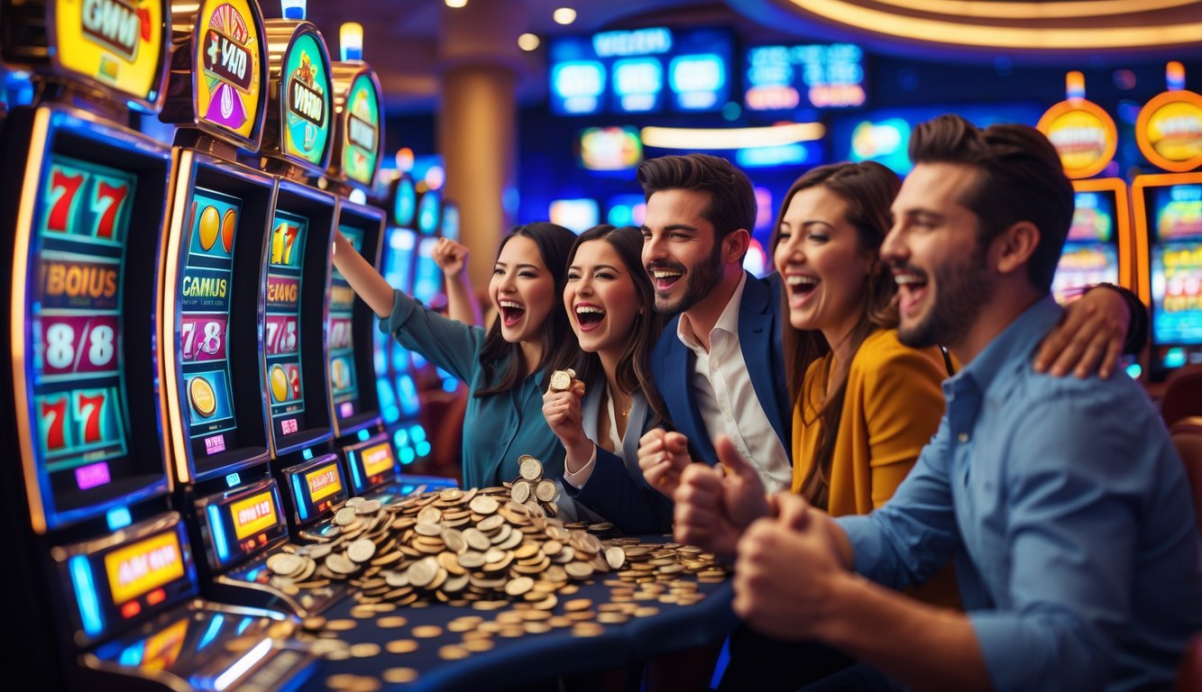 Orang-orang senang bermain mesin slot di kasino modern dengan mesin yang menyala dan koin yang keluar.