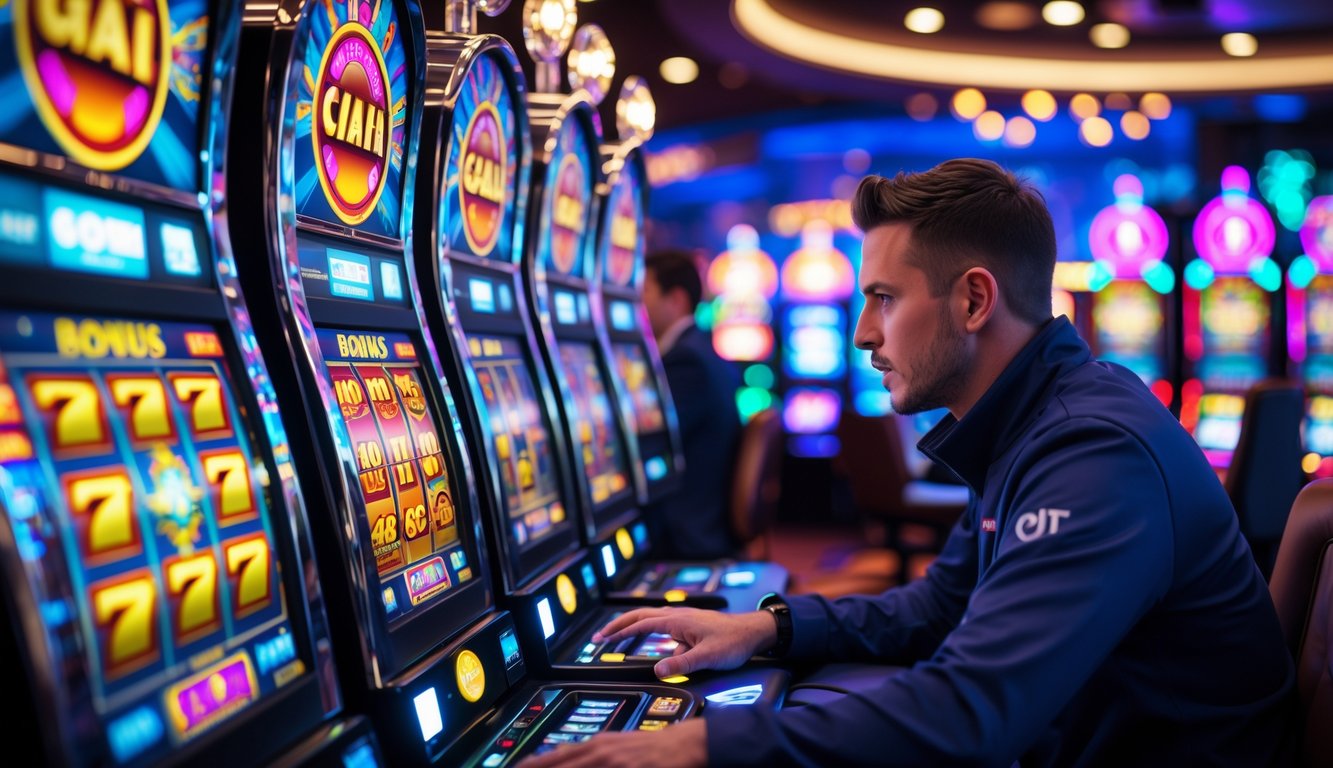 Seorang pemain profesional sedang bermain mesin slot dengan latar belakang kasino yang ramai dan mesin slot berwarna-warni yang menyala.