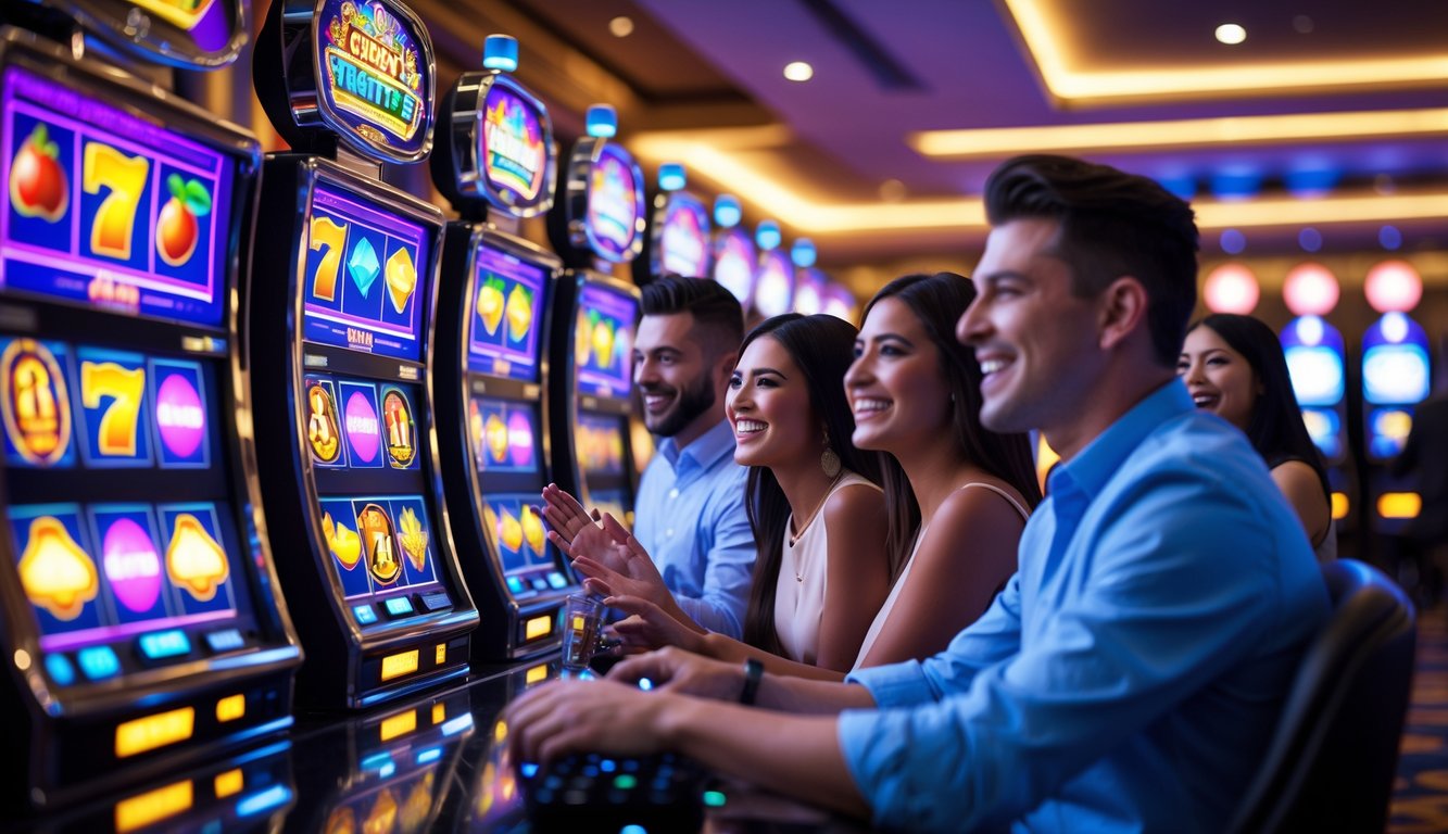 Sejumlah orang bermain mesin slot di dalam kasino yang terang dan modern.