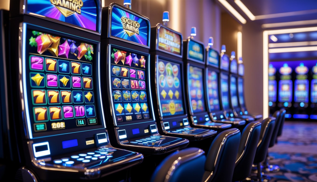 Deretan mesin slot modern dengan layar berwarna-warni di dalam ruangan kasino yang bersih dan aman.