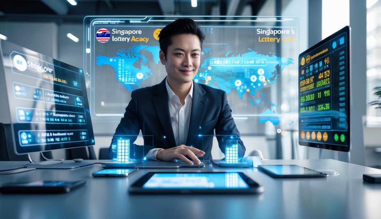 Seorang profesional sedang bekerja dengan layar digital yang menampilkan data togel Singapura di sebuah kantor modern.