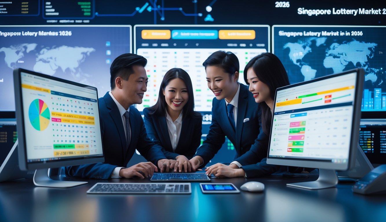 Dua orang profesional sedang bekerja bersama di kantor modern dengan layar komputer yang menampilkan data dan grafik terkait lotere Singapura.