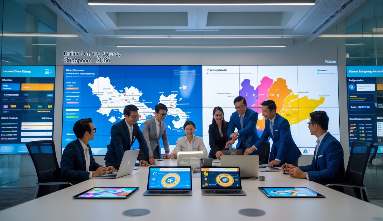 Sekelompok profesional bekerja bersama di kantor modern dengan layar digital besar menampilkan grafik dan peta Singapura.