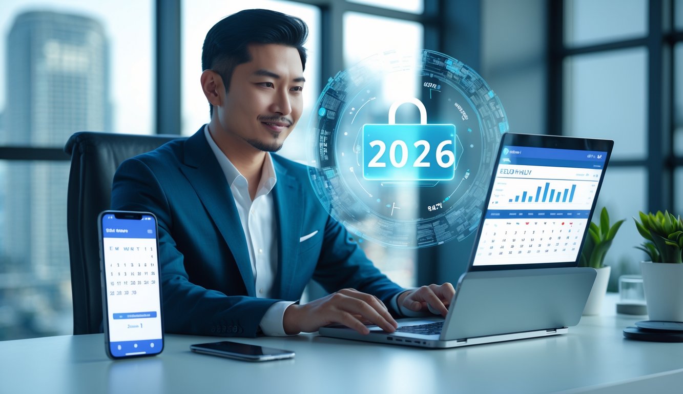 Seorang pria Asia profesional duduk di meja kantor modern menggunakan laptop dengan tampilan platform lotere online, di sekitarnya ada elemen teknologi dan simbol keamanan, dengan latar belakang pemandangan kota.