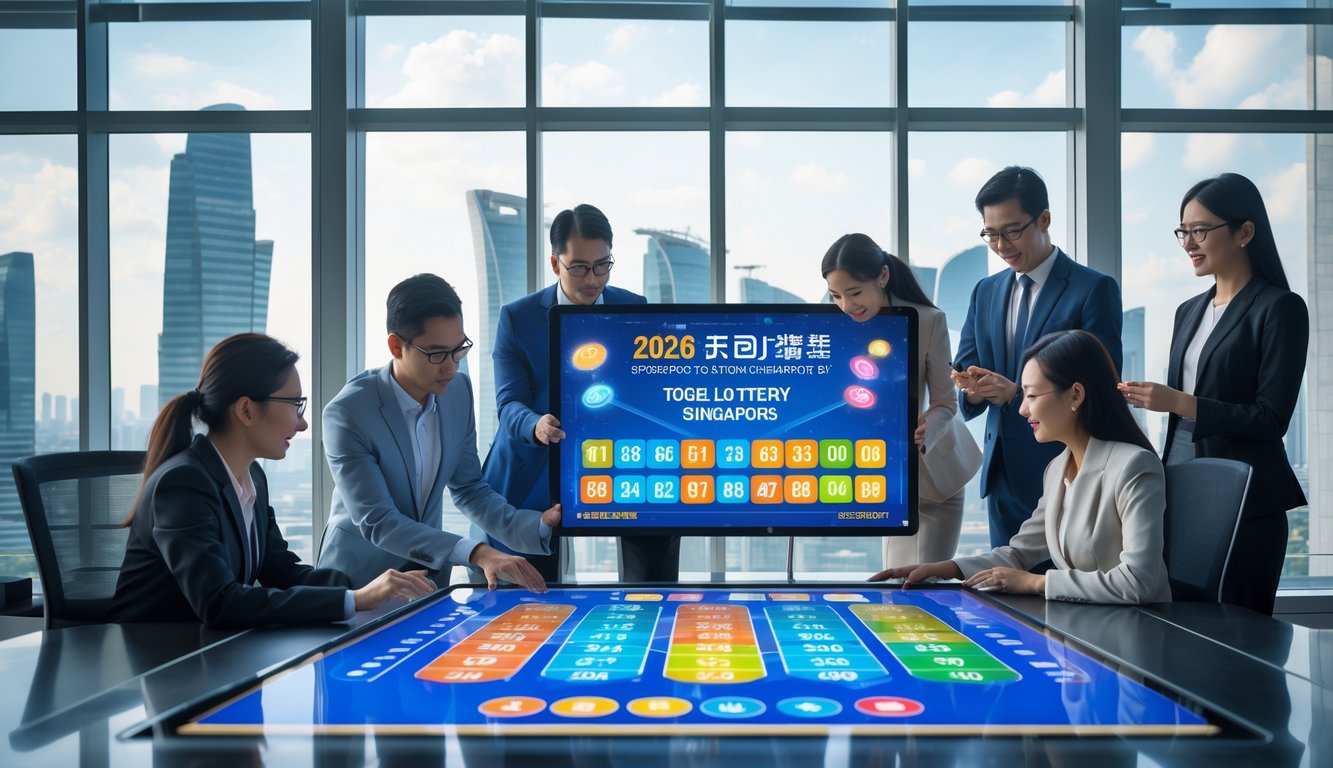 Suasana kantor modern dengan beberapa profesional sedang bekerja bersama di sekitar meja digital yang menampilkan grafik dan angka terkait lotere Singapura.