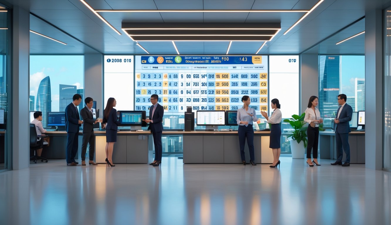 Kantor agen togel di Singapura dengan orang-orang profesional bekerja dan layar digital menampilkan angka togel.