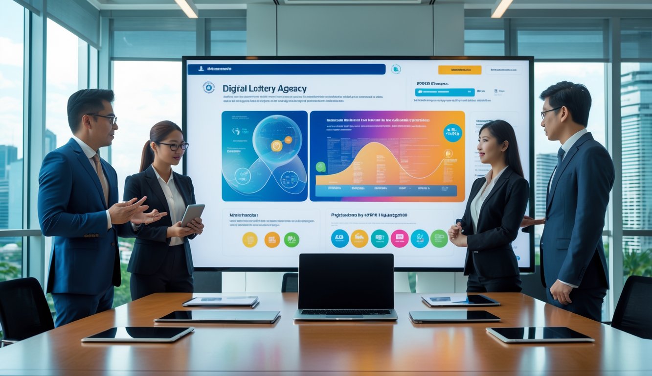 Sekelompok profesional bekerja di kantor modern dengan layar digital besar menampilkan data terkait lotere, dengan latar belakang pemandangan kota Singapura.
