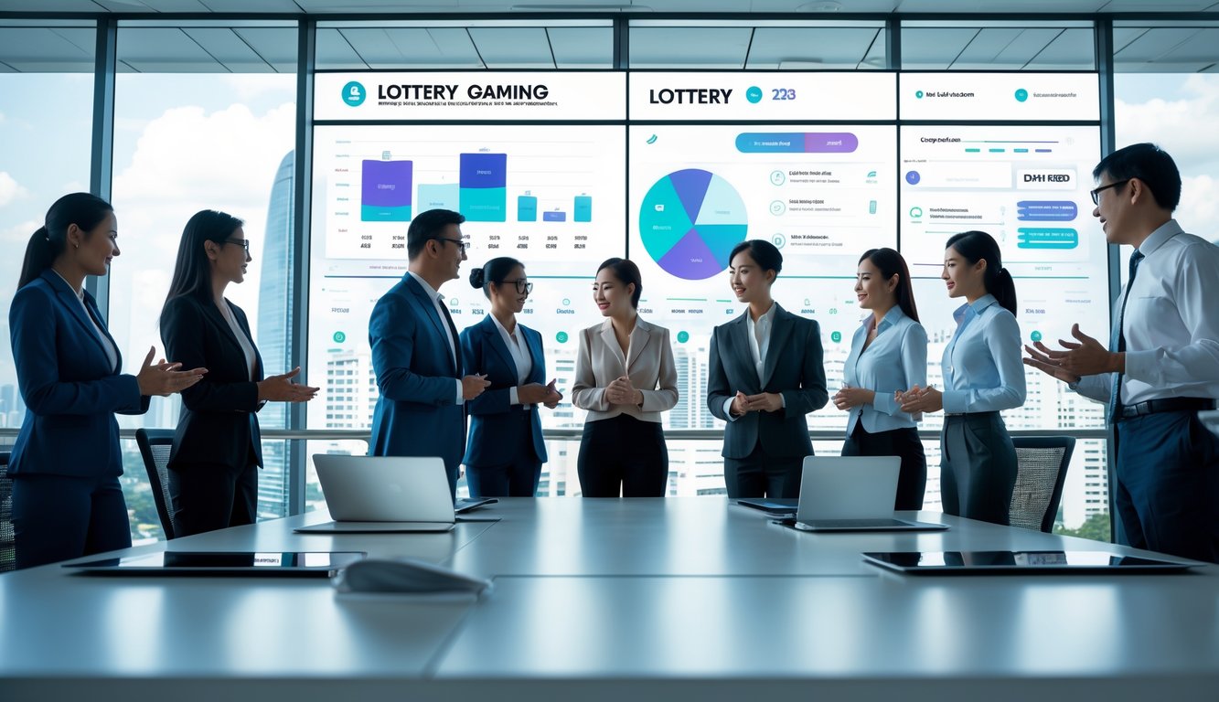 Sekelompok profesional sedang berdiskusi di kantor modern dengan pemandangan kota Singapura di latar belakang dan layar digital menampilkan data lotere.