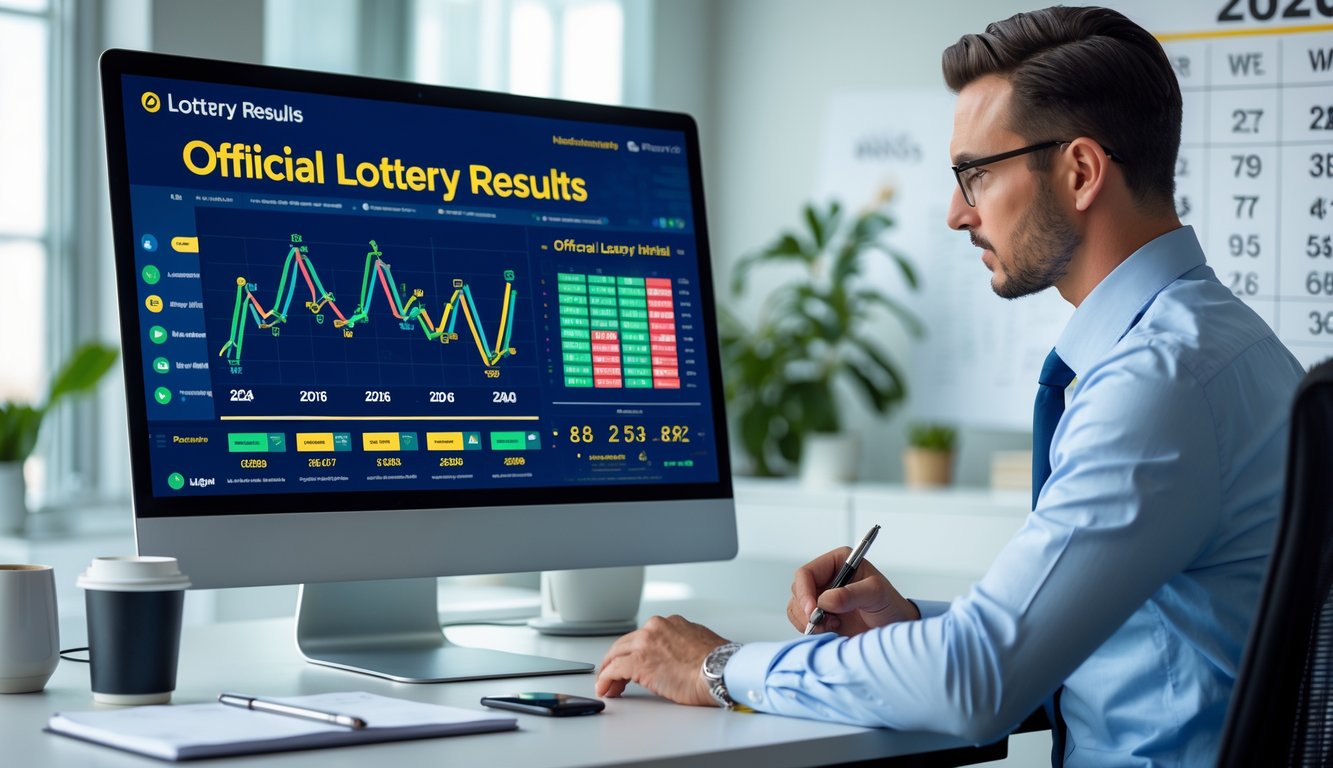 Seorang profesional sedang menganalisis data hasil lotere resmi tahun 2026 di depan komputer di ruang kantor modern.
