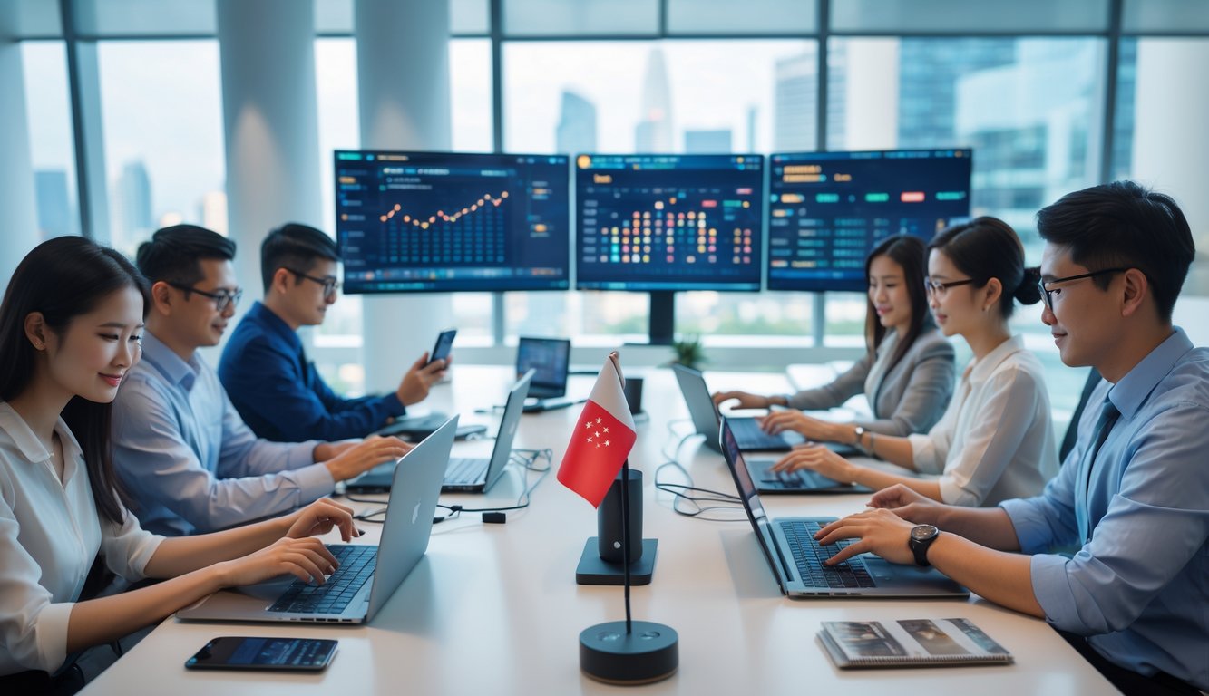 Orang-orang di kantor modern menggunakan laptop dan ponsel, dengan latar belakang pemandangan kota Singapura.