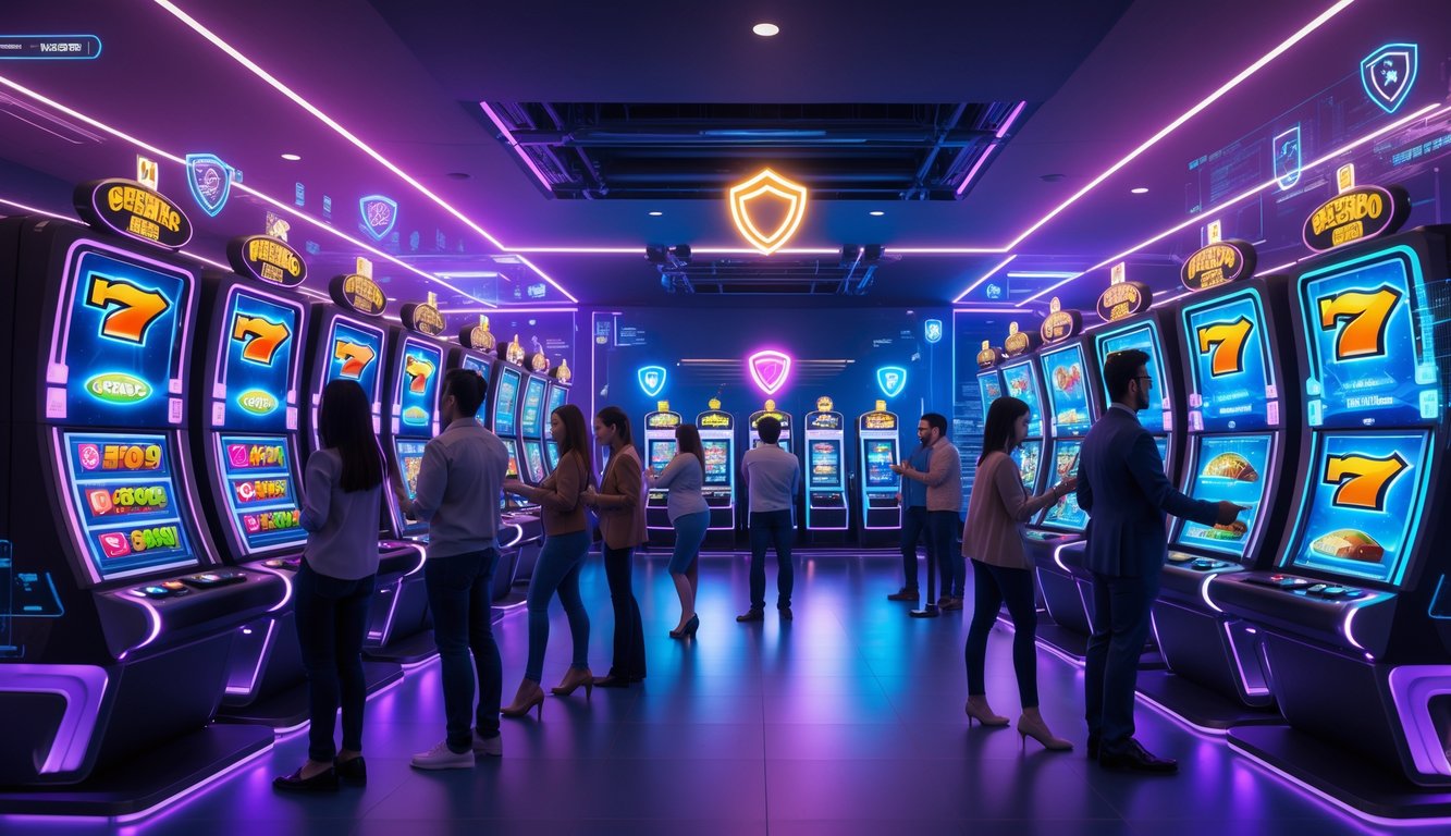 Orang-orang sedang bermain mesin slot digital di ruang permainan modern dengan layar transparan dan lampu neon.