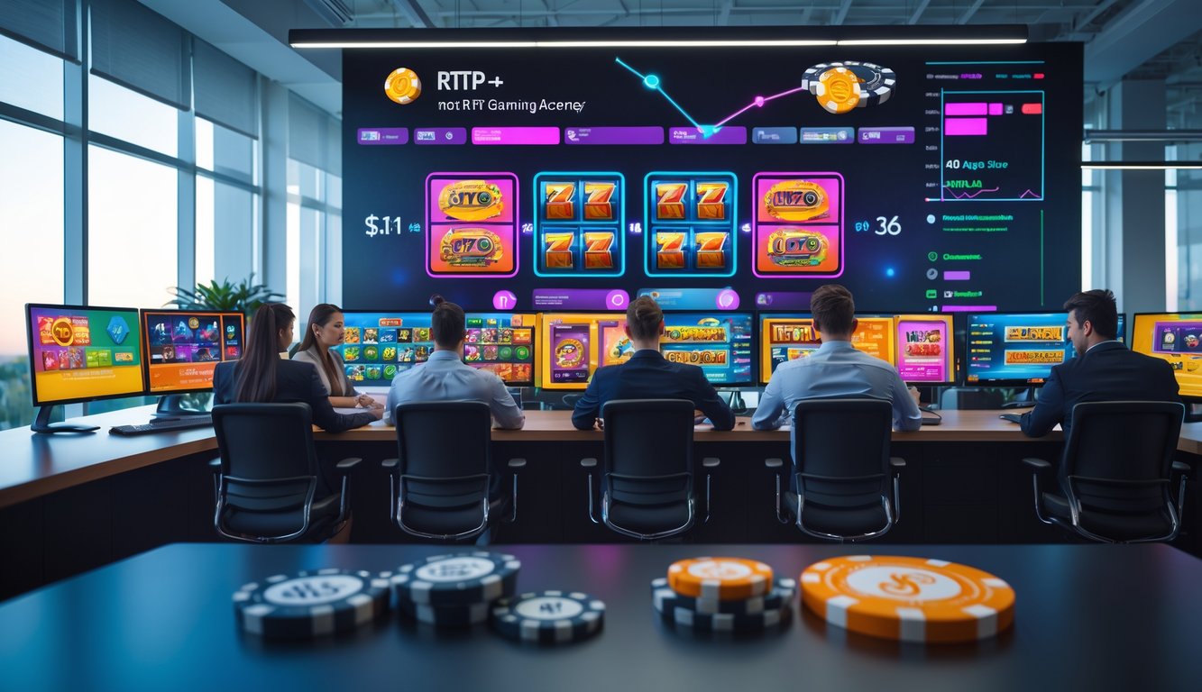 Orang-orang bekerja di kantor modern dengan beberapa layar komputer menampilkan grafik mesin slot dan statistik RTP.