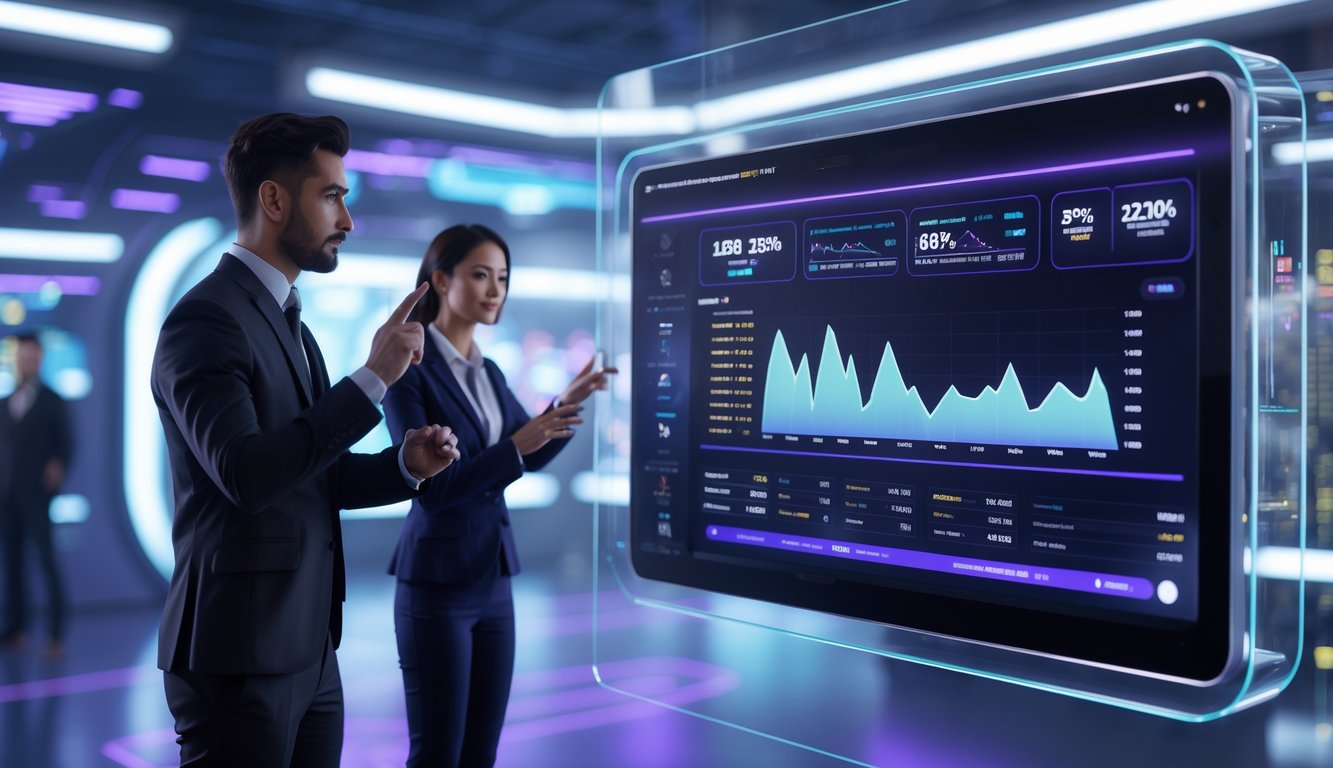 Beberapa profesional sedang berinteraksi dengan layar digital yang menampilkan grafik dan data waktu nyata tentang permainan slot online di lingkungan teknologi futuristik.