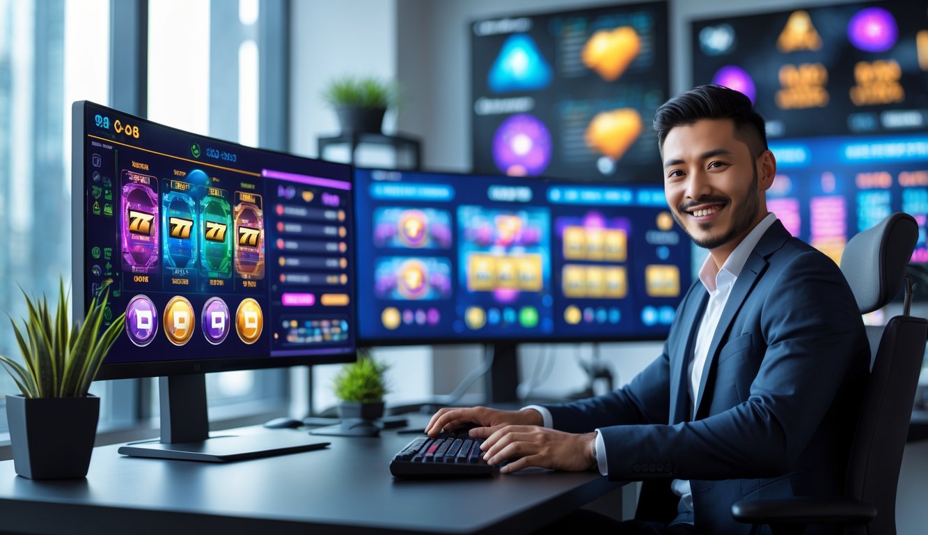 Seorang profesional duduk di meja kerja dengan beberapa monitor komputer yang menampilkan permainan slot dan grafik statistik RTP.