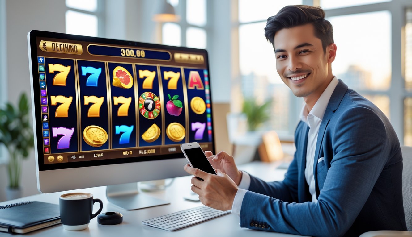 Seorang pria muda duduk di depan komputer dengan layar menampilkan permainan slot online yang sedang menang, di ruang kantor yang terang dan rapi.