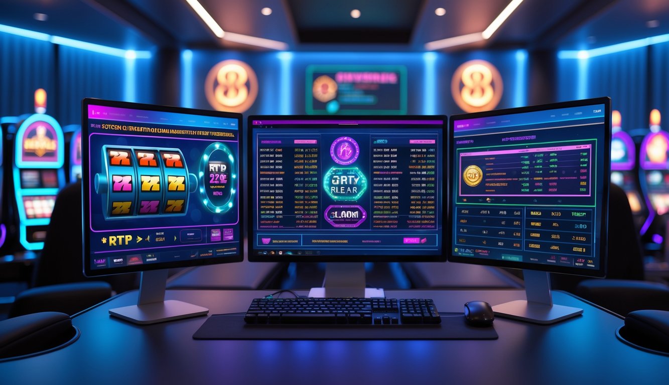 Sebuah ruangan modern dengan komputer menampilkan grafik mesin slot dan data terkait RTP tahun 2026.