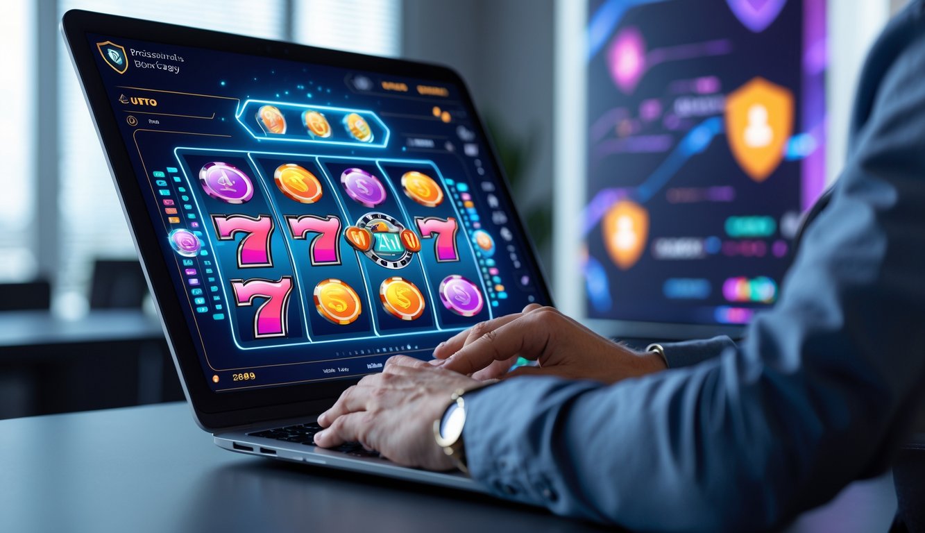 Seseorang menggunakan laptop dengan tampilan mesin slot digital yang berwarna-warni dan ikon keamanan di latar belakang.