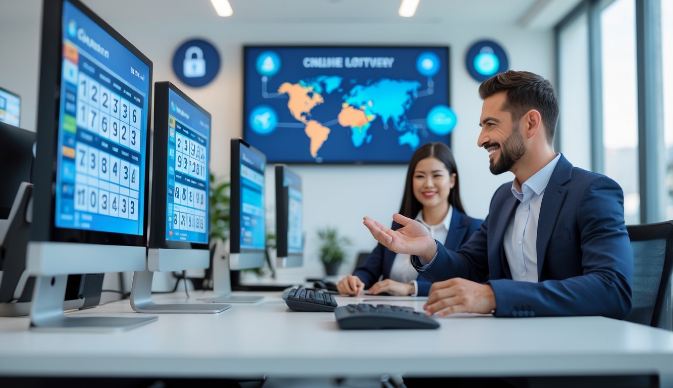Seorang agen online sedang membantu pelanggan melalui panggilan video di kantor modern dengan beberapa monitor komputer yang menampilkan angka lotere.
