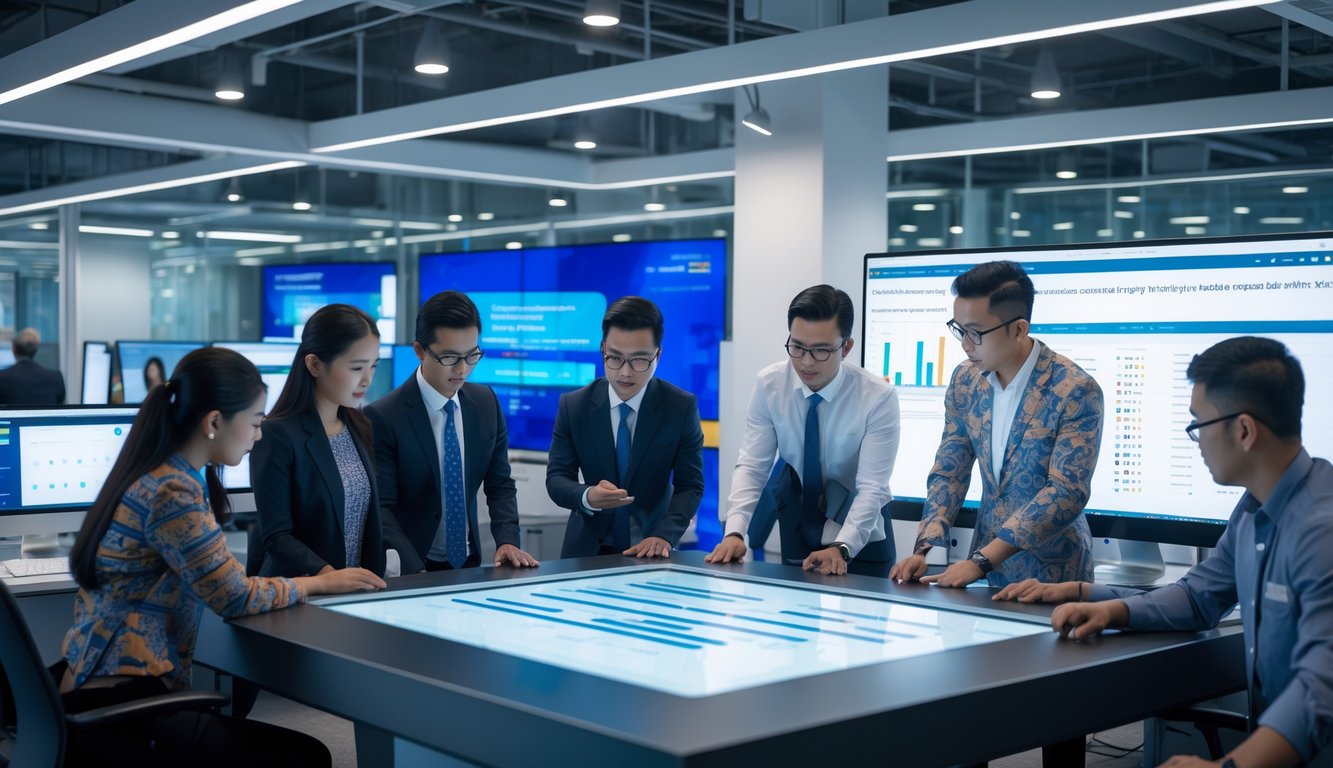 Sekelompok profesional muda Indonesia sedang berdiskusi di kantor modern dengan layar digital besar yang menampilkan data terkait agen online.