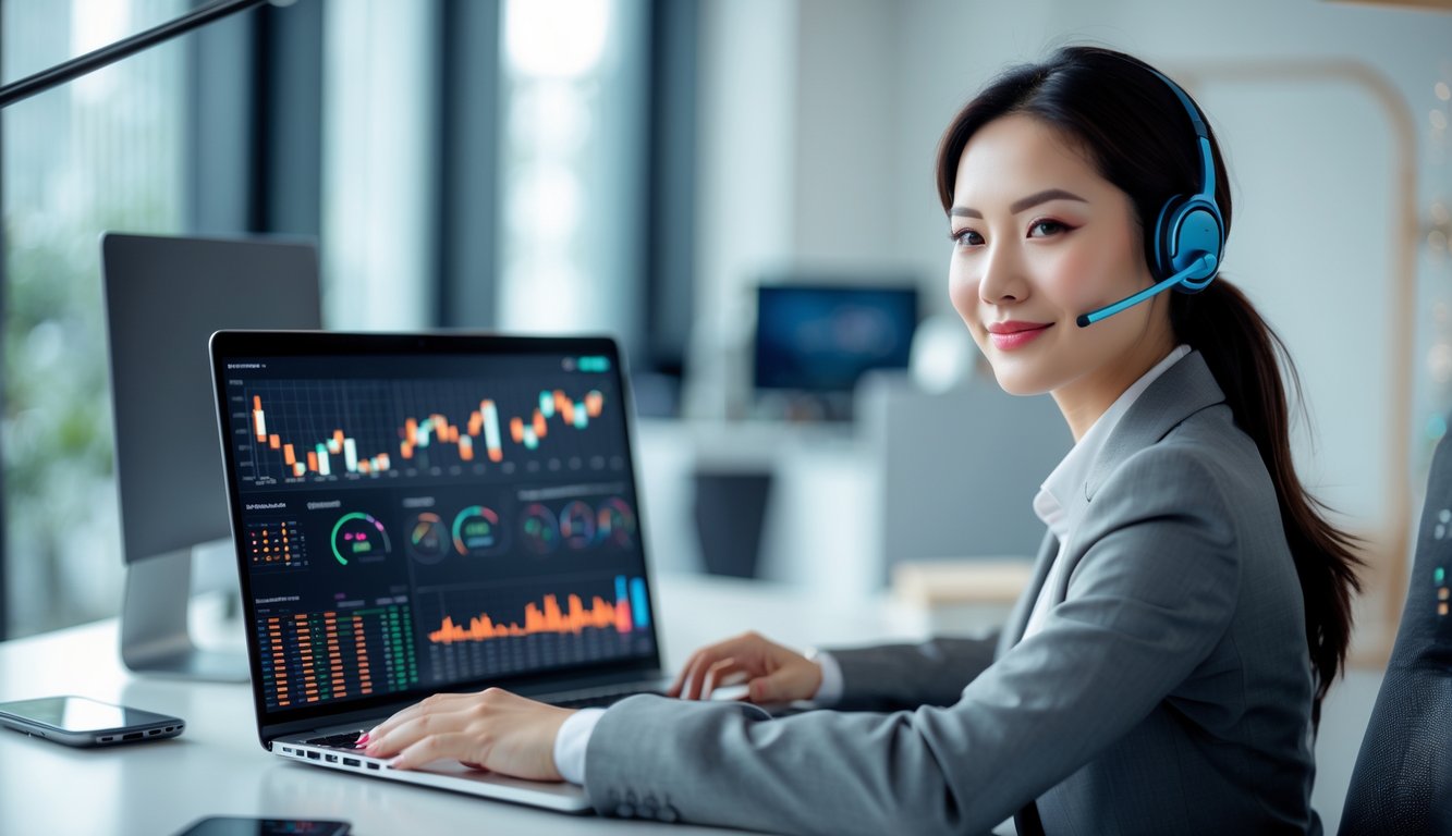 Seorang wanita bisnis duduk di meja kantor modern menggunakan laptop dengan grafik digital di layar, menunjukkan kesuksesan dan kepercayaan dalam agen online.