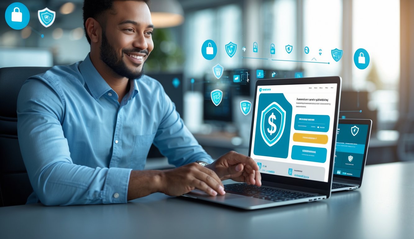 Seorang agen lotere online yang percaya dan aman sedang bekerja di kantor modern dengan laptop.