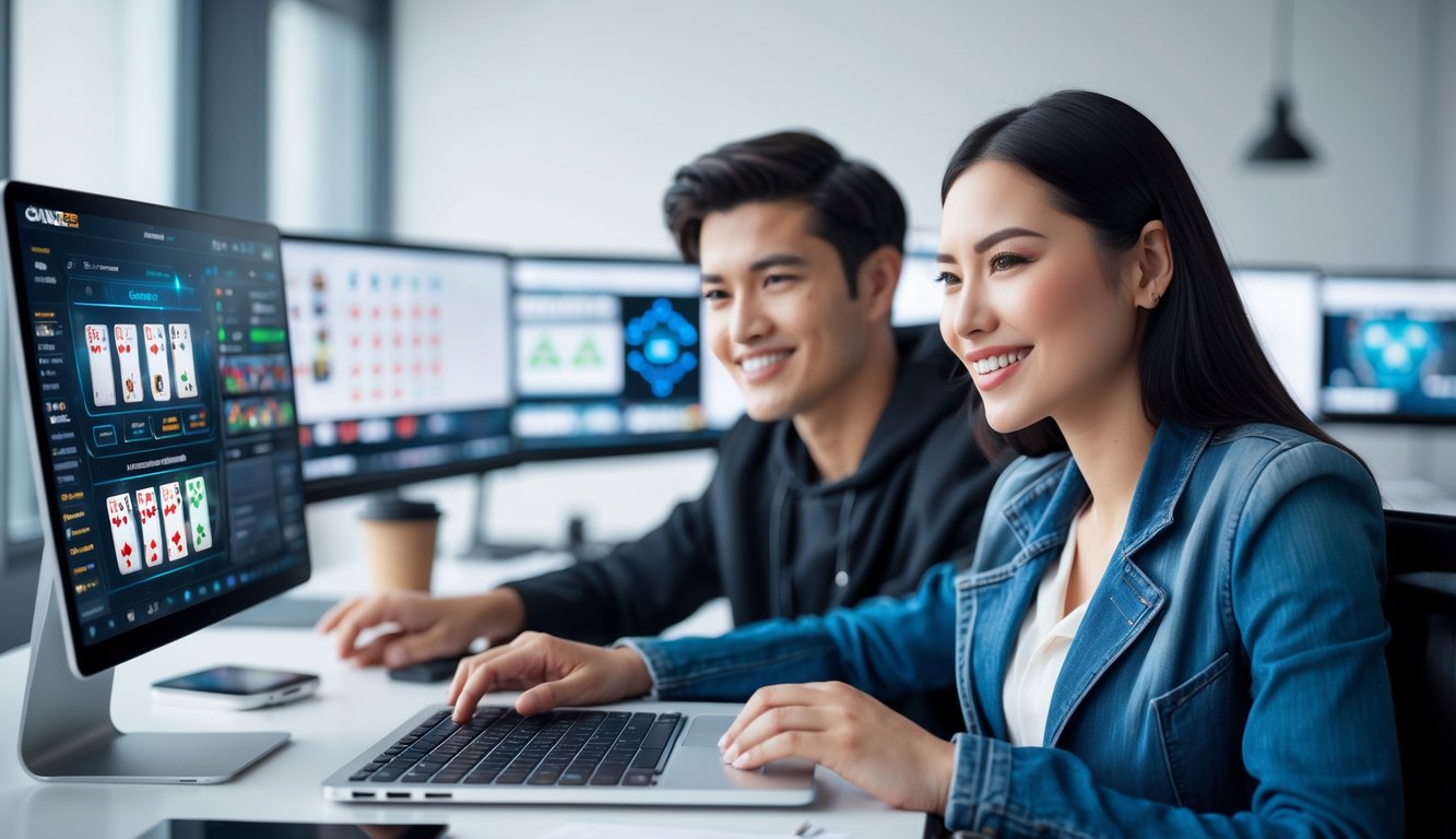 Seorang pria dan wanita duduk di meja kantor modern sambil bermain game kartu online di laptop dengan ekspresi fokus dan percaya diri.