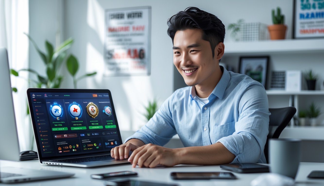 Seorang pria muda duduk di meja dengan laptop dan ponsel, tampak sedang menggunakan layanan permainan online di ruangan kantor rumah yang rapi.