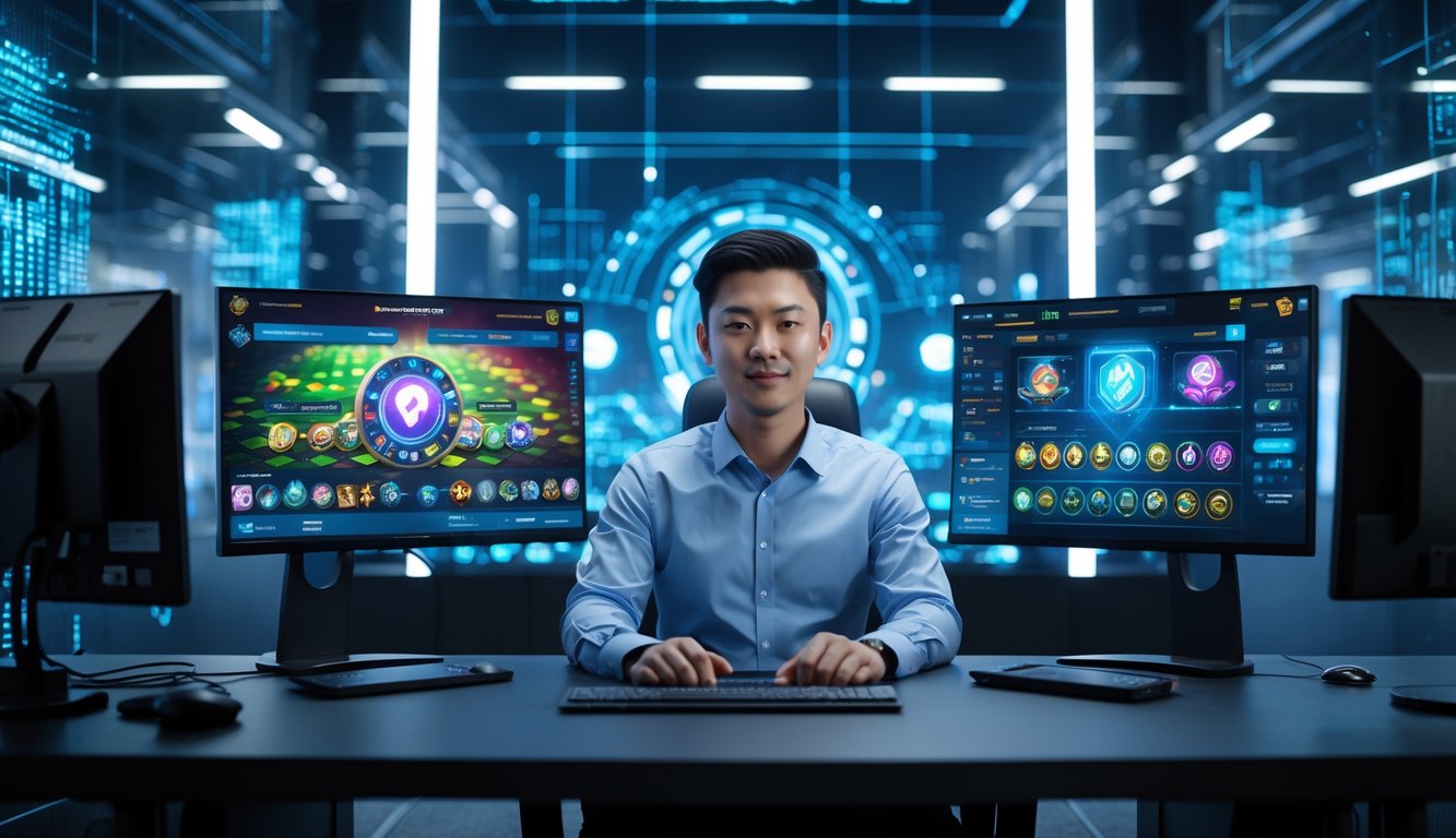 Seorang pria muda duduk di depan komputer dengan beberapa layar yang menampilkan permainan online dan server dalam kantor modern.