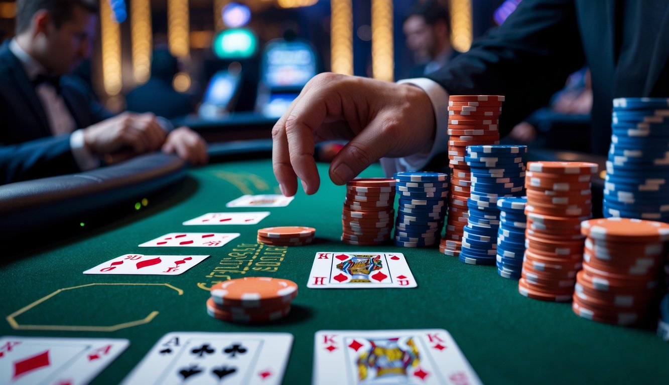 Meja poker kasino dengan kartu dan chip tertata rapi di lingkungan kasino yang elegan.