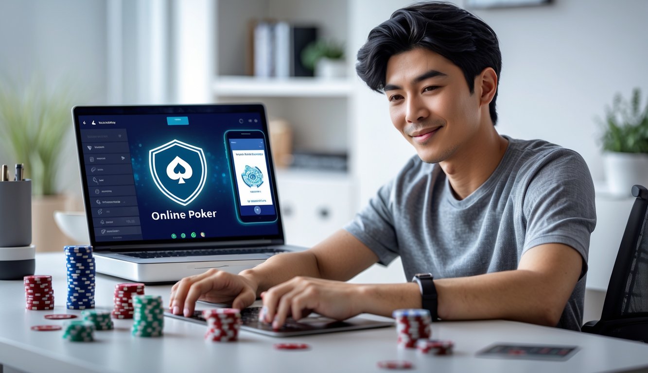 Seorang dewasa muda bermain poker online dengan laptop di ruang kerja modern yang terang dan rapi.