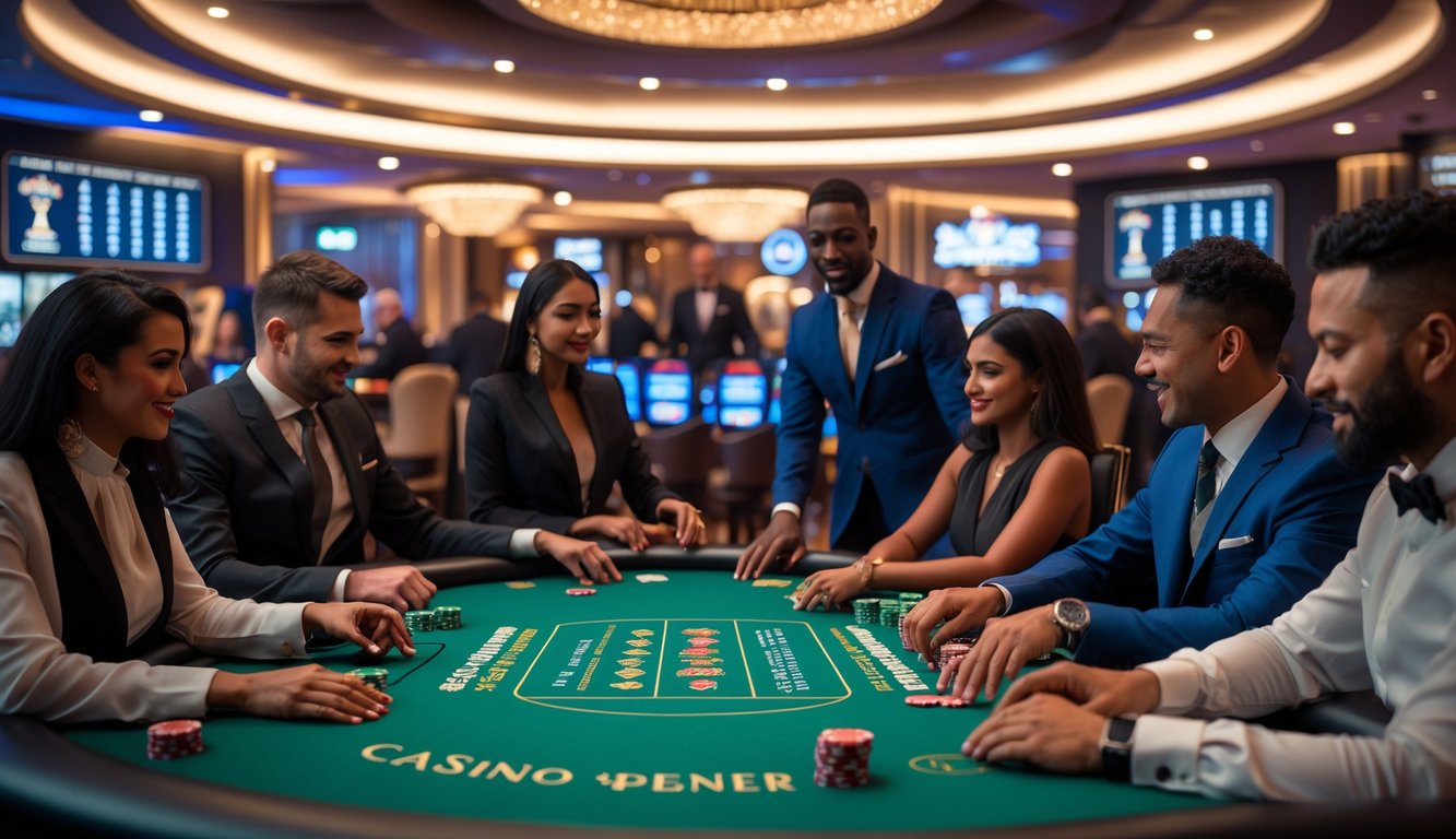 Suasana meja poker di kasino resmi dengan pemain yang sedang bermain dan dealer di tengah ruangan mewah.