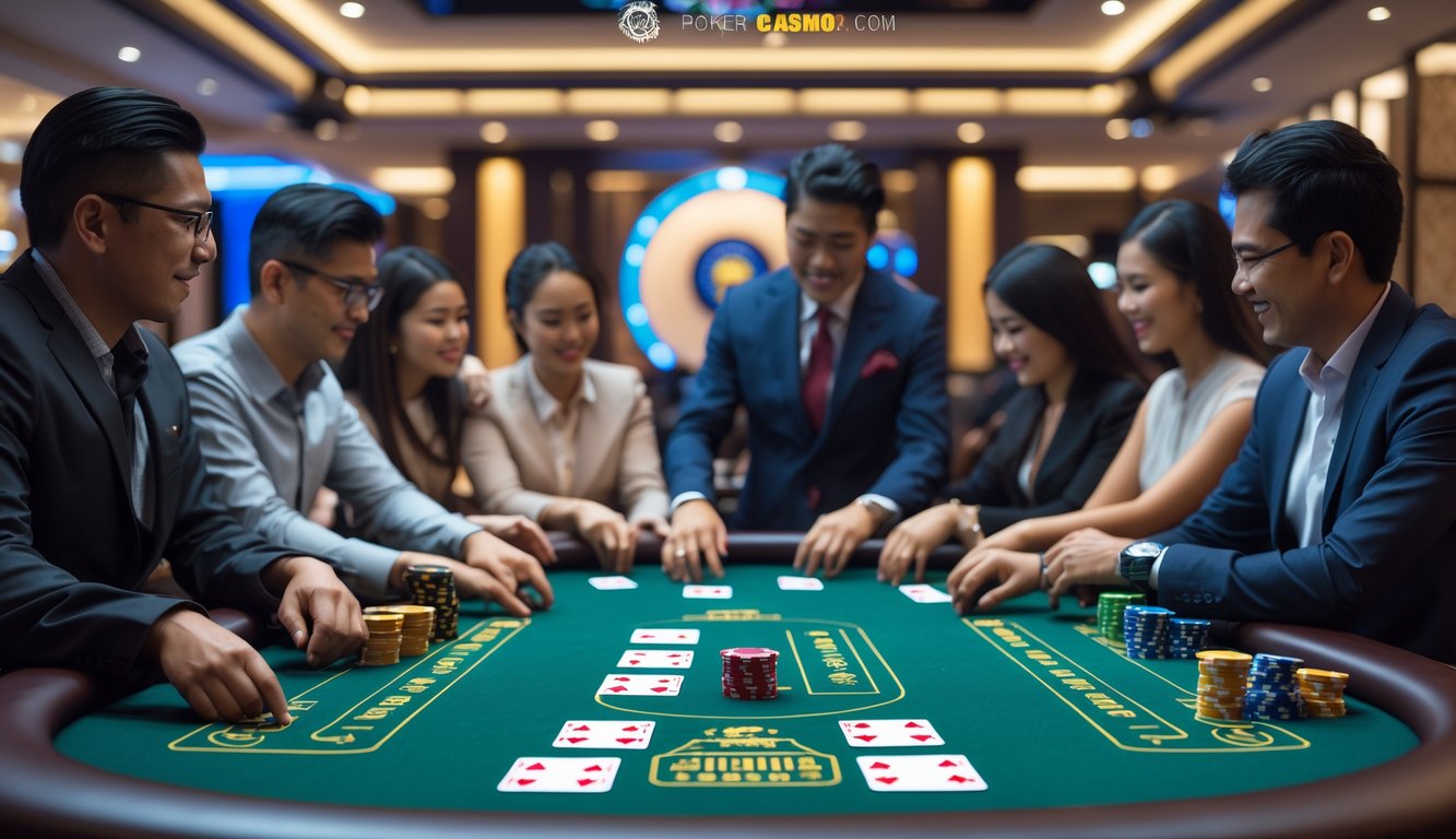 Meja poker kasino dengan pemain yang sedang bermain kartu, suasana mewah dan pencahayaan hangat di dalam ruangan.