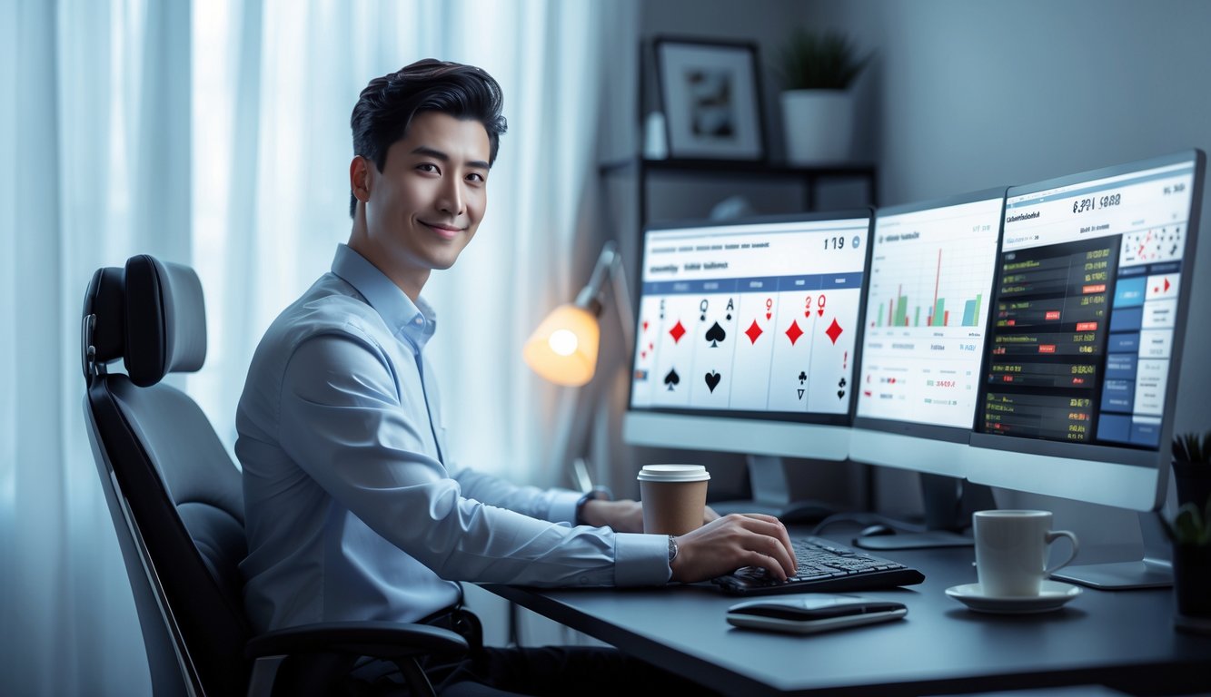 Seorang dewasa muda duduk di depan komputer dengan beberapa layar menampilkan permainan poker dan grafik kemenangan, di ruang kerja rumah yang rapi dan modern.