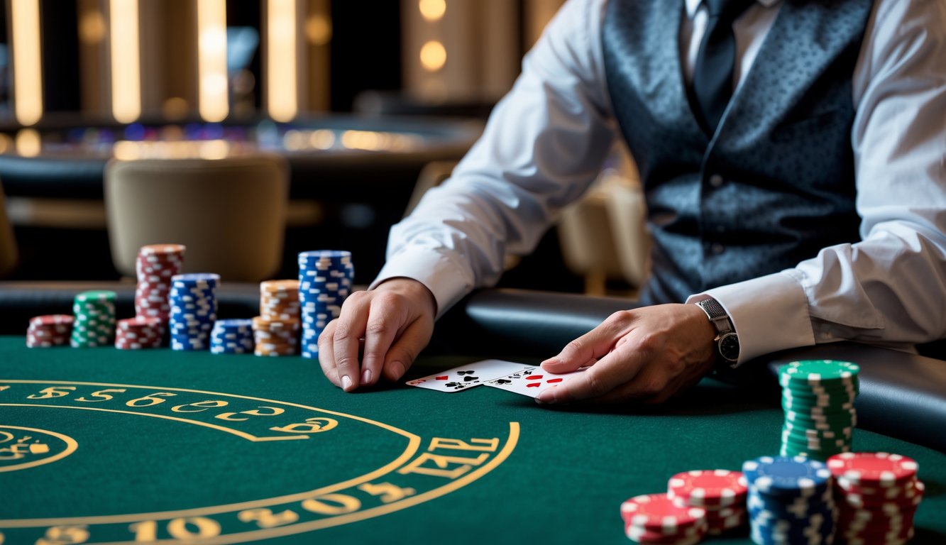 Suasana meja poker di kasino dengan dealer yang sedang membagikan kartu dan tumpukan chip warna-warni di atas meja.